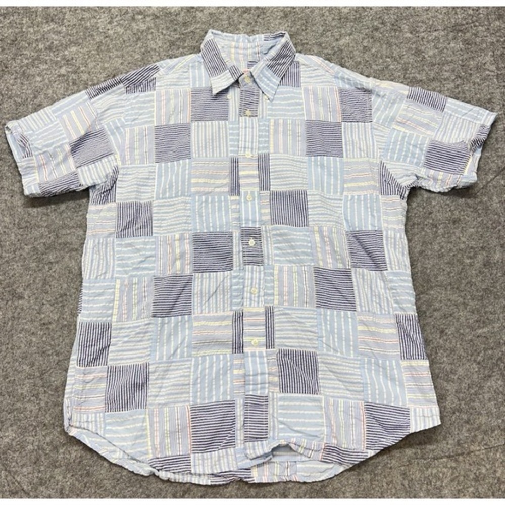 Brooks Brothers Patchwork Shirt Men's Large Blue Textured Short Sleeve Button-Up